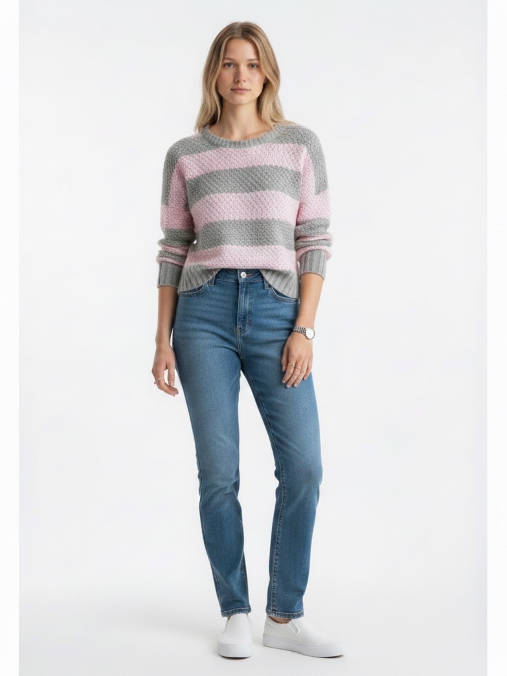 Aeropostale Women's Pink and Gray Striped Knit Sweater Size Small